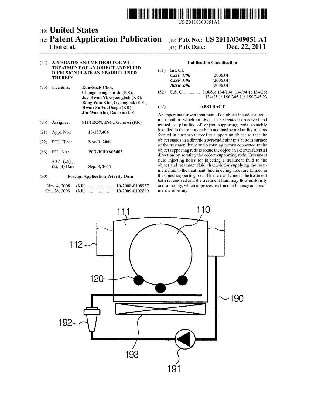 APPARATUS AND METHOD FOR WET TREATMENT OF AN OBJECT AND FLUID DIFFUSION     PLATE AND BARREL USED THEREIN - diagram, schematic, and image 01