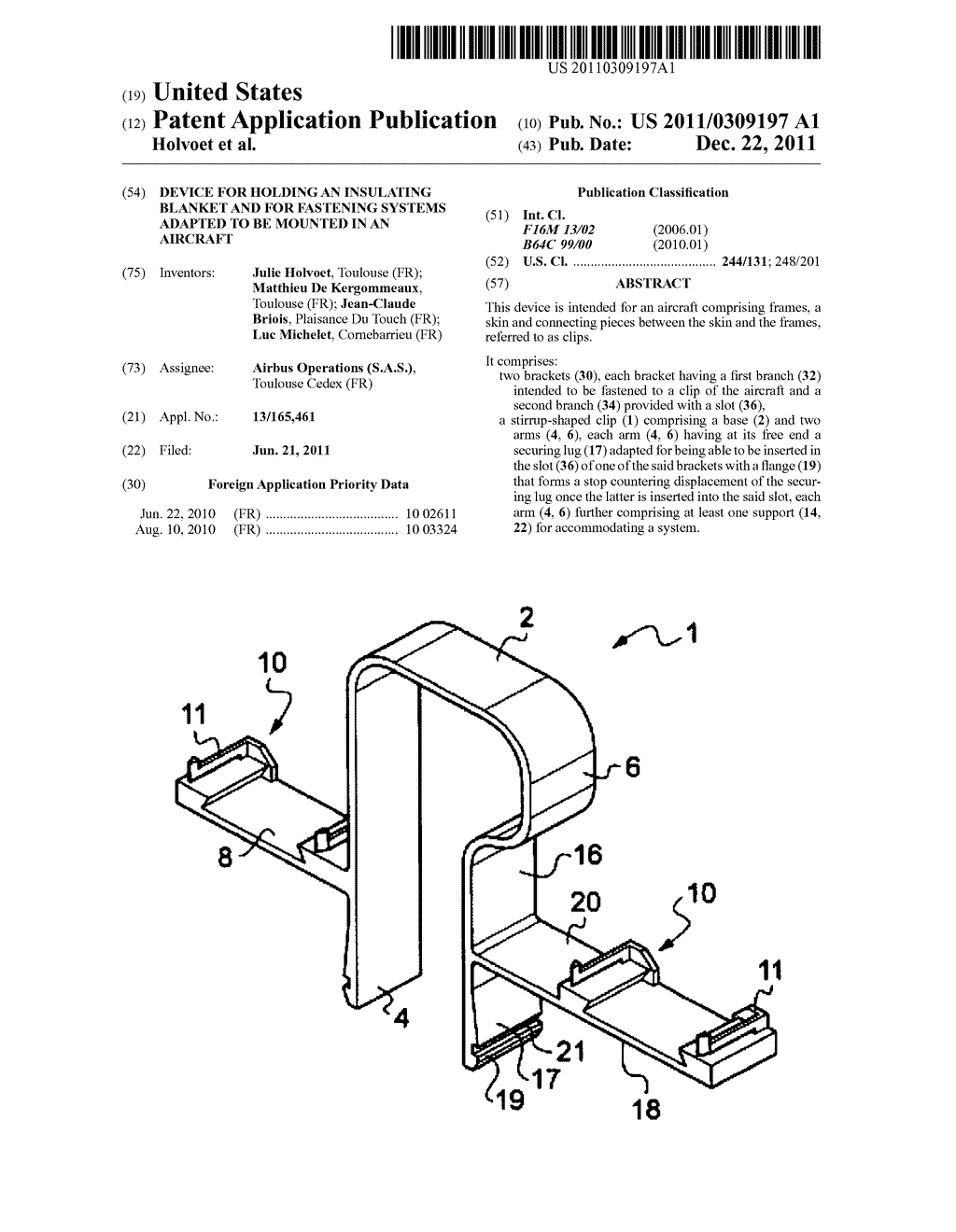 DEVICE FOR HOLDING AN INSULATING BLANKET AND FOR FASTENING SYSTEMS ADAPTED     TO BE MOUNTED IN AN AIRCRAFT - diagram, schematic, and image 01