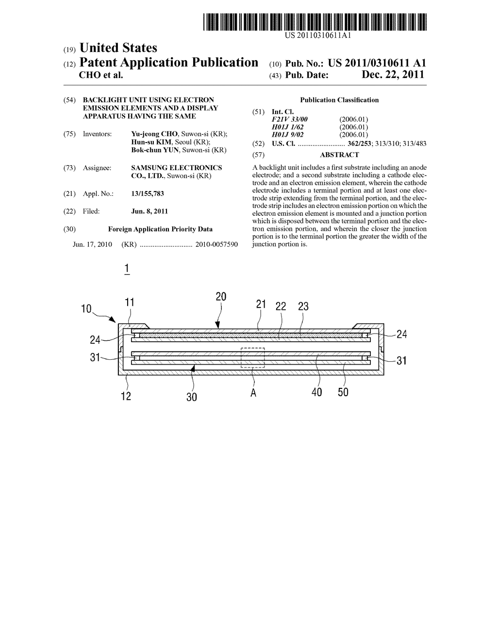  BACKLIGHT UNIT USING ELECTRON EMISSION ELEMENTS AND A DISPLAY APPARATUS     HAVING THE SAME - diagram, schematic, and image 01