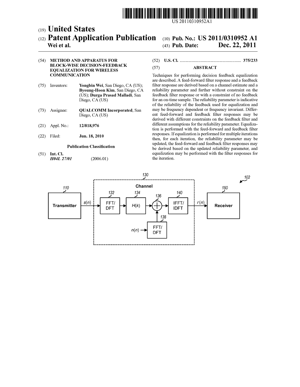 METHOD AND APPARATUS FOR BLOCK-WISE DECISION-FEEDBACK EQUALIZATION FOR     WIRELESS COMMUNICATION - diagram, schematic, and image 01