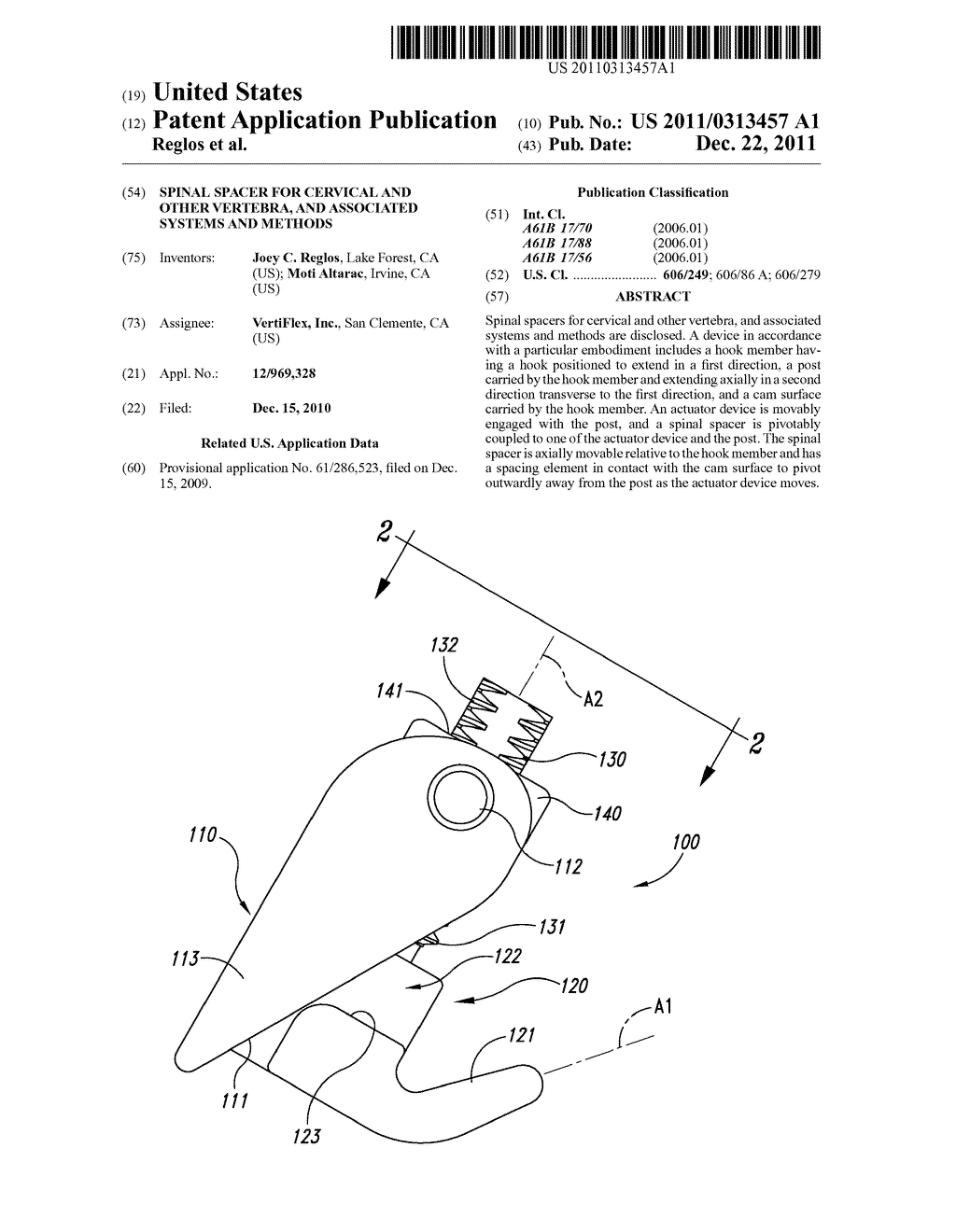 SPINAL SPACER FOR CERVICAL AND OTHER VERTEBRA, AND ASSOCIATED SYSTEMS AND     METHODS - diagram, schematic, and image 01