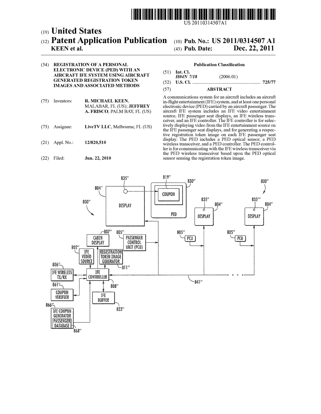 REGISTRATION OF A PERSONAL ELECTRONIC DEVICE (PED) WITH AN AIRCRAFT IFE     SYSTEM USING AIRCRAFT GENERATED REGISTRATION TOKEN IMAGES AND ASSOCIATED     METHODS - diagram, schematic, and image 01