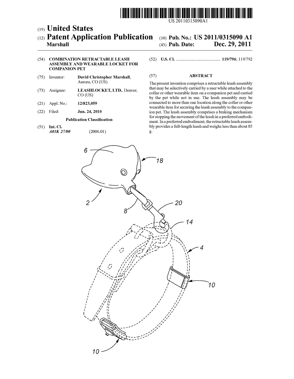 COMBINATION RETRACTABLE LEASH ASSEMBLY AND WEARABLE LOCKET FOR COMPANION     PET - diagram, schematic, and image 01