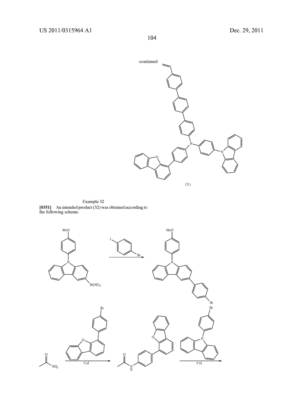 NOVEL POLYMERIZABLE MONOMER, AND MATERIAL FOR ORGANIC DEVICE, HOLE     INJECTION/TRANSPORT MATERIAL, MATERIAL FOR ORGANIC ELECTROLUMINESCENT     ELEMENT AND ORGANIC ELECTROLUMINESCENT ELEMENT EACH COMPRISING POLYMER     (POLYMERIC COMPOUND) OF THE POLYMERIZABLE MONOMER - diagram, schematic, and image 104