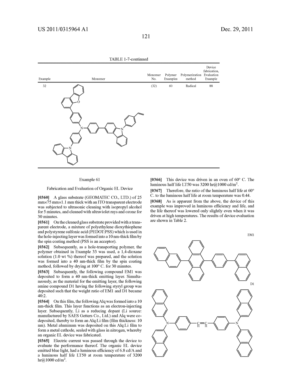 NOVEL POLYMERIZABLE MONOMER, AND MATERIAL FOR ORGANIC DEVICE, HOLE     INJECTION/TRANSPORT MATERIAL, MATERIAL FOR ORGANIC ELECTROLUMINESCENT     ELEMENT AND ORGANIC ELECTROLUMINESCENT ELEMENT EACH COMPRISING POLYMER     (POLYMERIC COMPOUND) OF THE POLYMERIZABLE MONOMER - diagram, schematic, and image 121