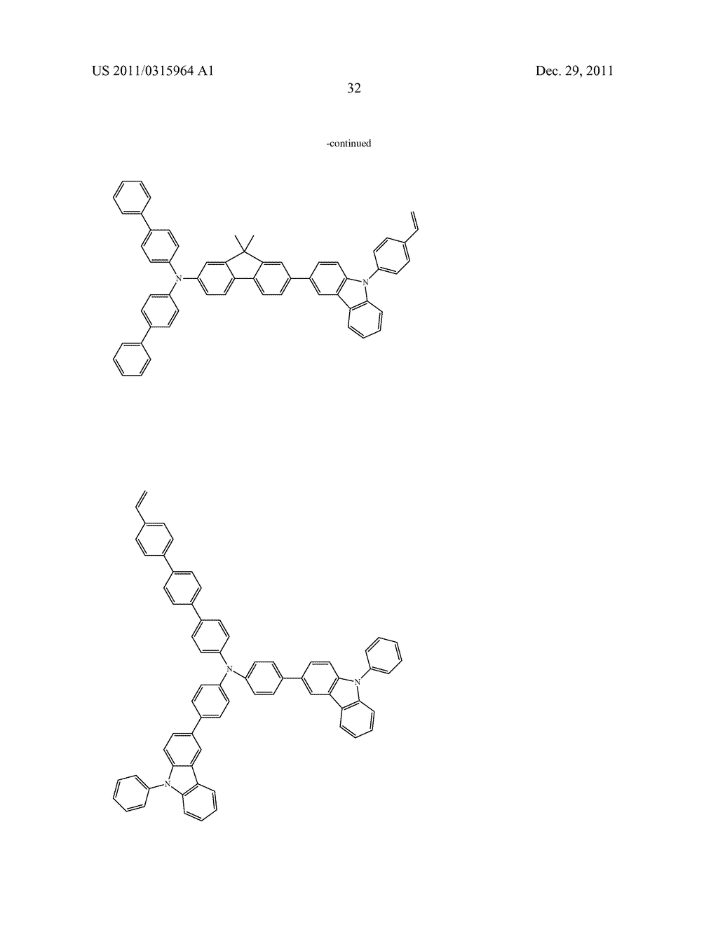 NOVEL POLYMERIZABLE MONOMER, AND MATERIAL FOR ORGANIC DEVICE, HOLE     INJECTION/TRANSPORT MATERIAL, MATERIAL FOR ORGANIC ELECTROLUMINESCENT     ELEMENT AND ORGANIC ELECTROLUMINESCENT ELEMENT EACH COMPRISING POLYMER     (POLYMERIC COMPOUND) OF THE POLYMERIZABLE MONOMER - diagram, schematic, and image 33