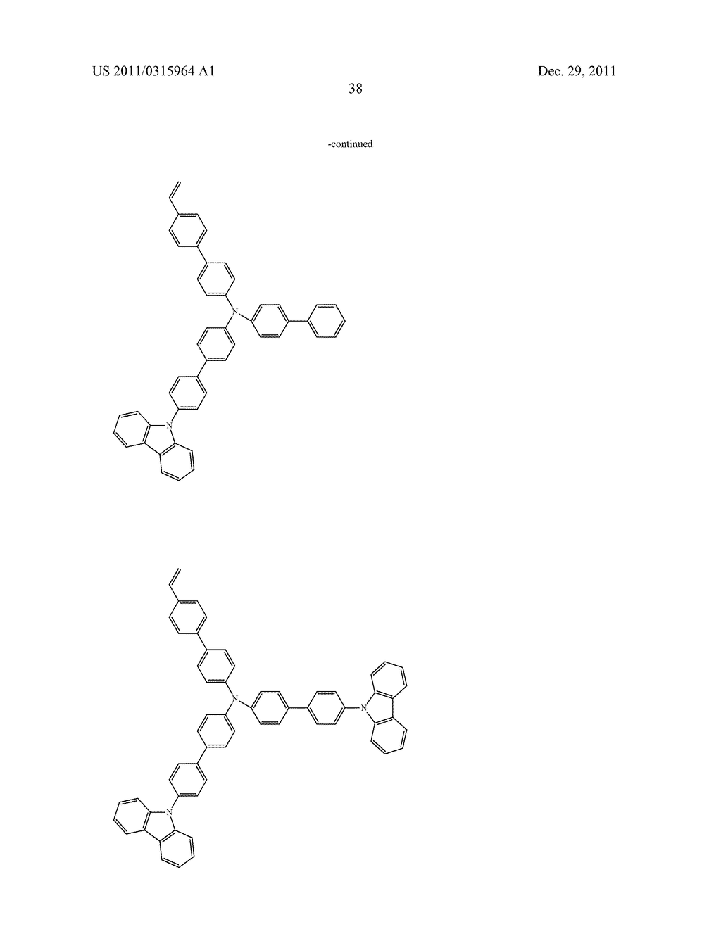 NOVEL POLYMERIZABLE MONOMER, AND MATERIAL FOR ORGANIC DEVICE, HOLE     INJECTION/TRANSPORT MATERIAL, MATERIAL FOR ORGANIC ELECTROLUMINESCENT     ELEMENT AND ORGANIC ELECTROLUMINESCENT ELEMENT EACH COMPRISING POLYMER     (POLYMERIC COMPOUND) OF THE POLYMERIZABLE MONOMER - diagram, schematic, and image 39