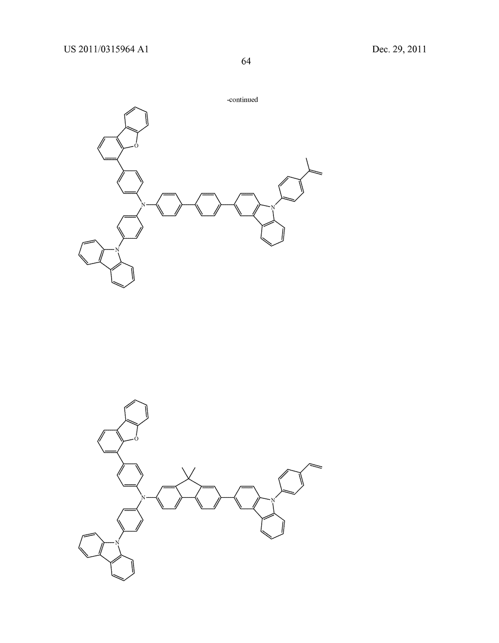 NOVEL POLYMERIZABLE MONOMER, AND MATERIAL FOR ORGANIC DEVICE, HOLE     INJECTION/TRANSPORT MATERIAL, MATERIAL FOR ORGANIC ELECTROLUMINESCENT     ELEMENT AND ORGANIC ELECTROLUMINESCENT ELEMENT EACH COMPRISING POLYMER     (POLYMERIC COMPOUND) OF THE POLYMERIZABLE MONOMER - diagram, schematic, and image 65