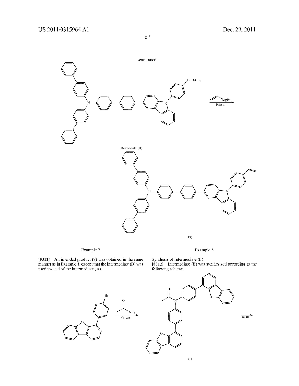 NOVEL POLYMERIZABLE MONOMER, AND MATERIAL FOR ORGANIC DEVICE, HOLE     INJECTION/TRANSPORT MATERIAL, MATERIAL FOR ORGANIC ELECTROLUMINESCENT     ELEMENT AND ORGANIC ELECTROLUMINESCENT ELEMENT EACH COMPRISING POLYMER     (POLYMERIC COMPOUND) OF THE POLYMERIZABLE MONOMER - diagram, schematic, and image 88