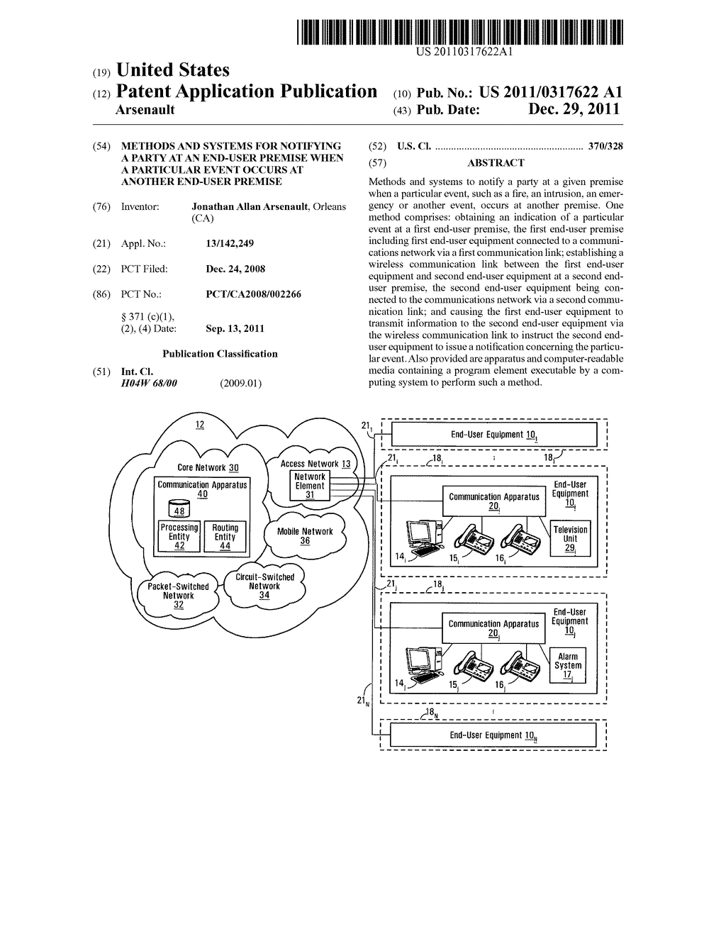 METHODS AND SYSTEMS FOR NOTIFYING A PARTY AT AN END-USER PREMISE WHEN A     PARTICULAR EVENT OCCURS AT ANOTHER END-USER PREMISE - diagram, schematic, and image 01