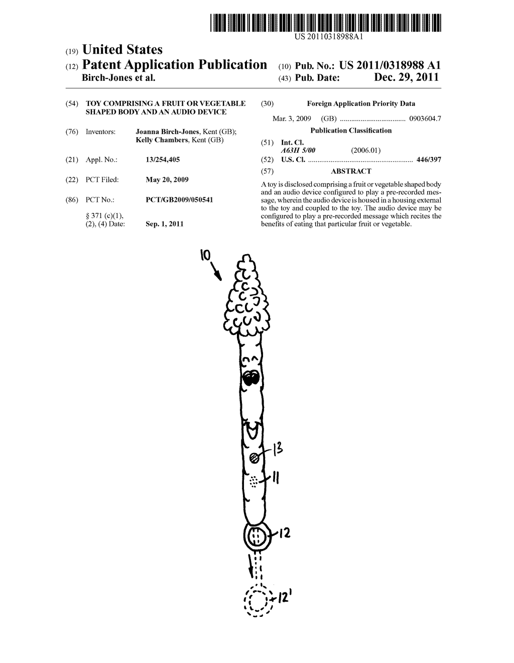 TOY COMPRISING A FRUIT OR VEGETABLE SHAPED BODY AND AN AUDIO DEVICE - diagram, schematic, and image 01