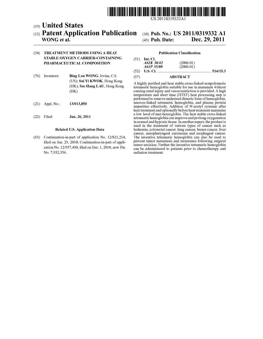 TREATMENT METHODS USING A HEAT STABLE OXYGEN CARRIER-CONTAINING     PHARMACEUTICAL COMPOSITION - diagram, schematic, and image 01