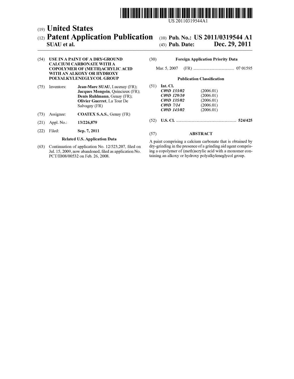 USE IN A PAINT OF A DRY-GROUND CALCIUM CARBONATE WITH A COPOLYMER OF     (METH)ACRYLIC ACID WITH AN ALKOXY OR HYDROXY POLYALKYLENEGLYCOL GROUP - diagram, schematic, and image 01