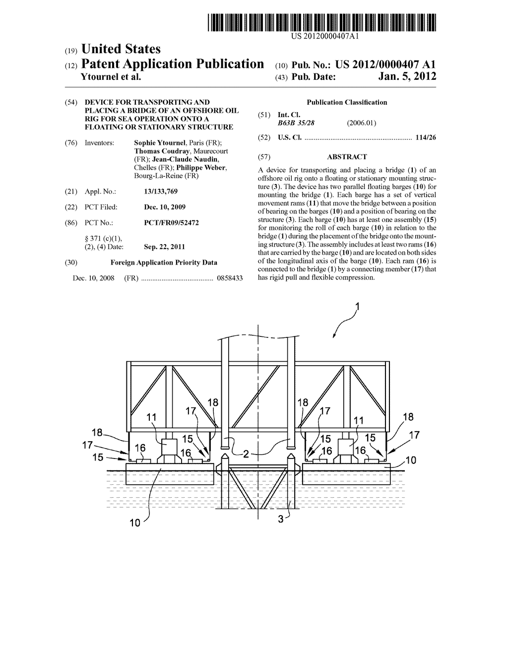 DEVICE FOR TRANSPORTING AND PLACING A BRIDGE OF AN OFFSHORE OIL RIG FOR     SEA OPERATION ONTO A FLOATING OR STATIONARY STRUCTURE - diagram, schematic, and image 01