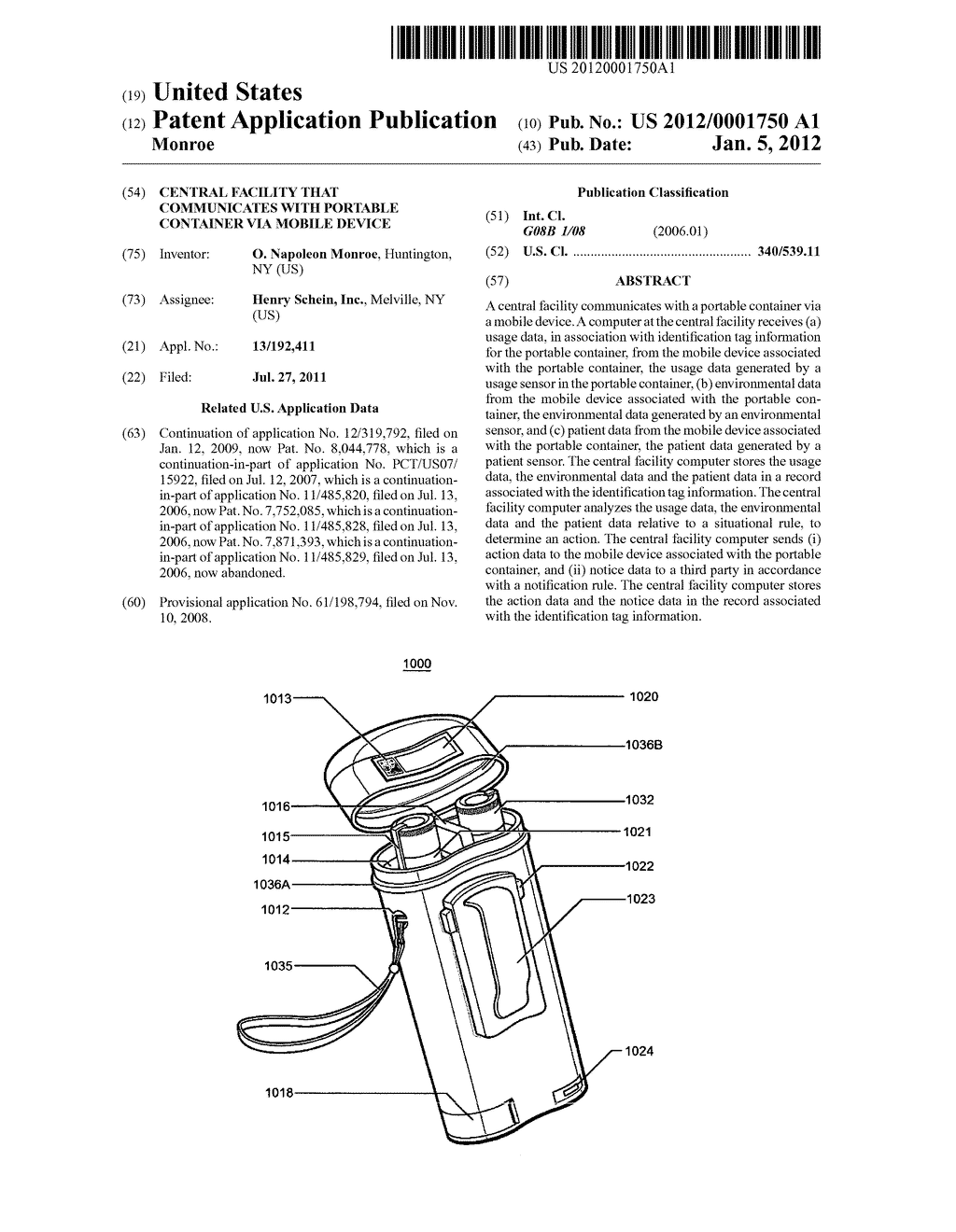 CENTRAL FACILITY THAT COMMUNICATES WITH PORTABLE CONTAINER VIA MOBILE     DEVICE - diagram, schematic, and image 01