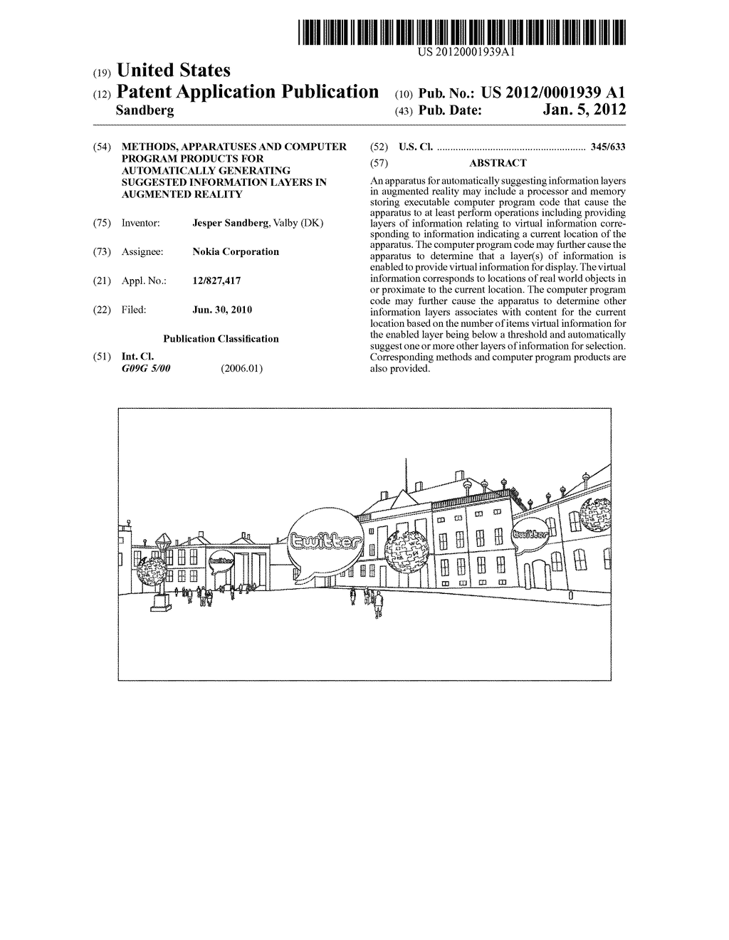 METHODS, APPARATUSES AND COMPUTER PROGRAM PRODUCTS FOR AUTOMATICALLY     GENERATING SUGGESTED INFORMATION LAYERS IN AUGMENTED REALITY - diagram, schematic, and image 01