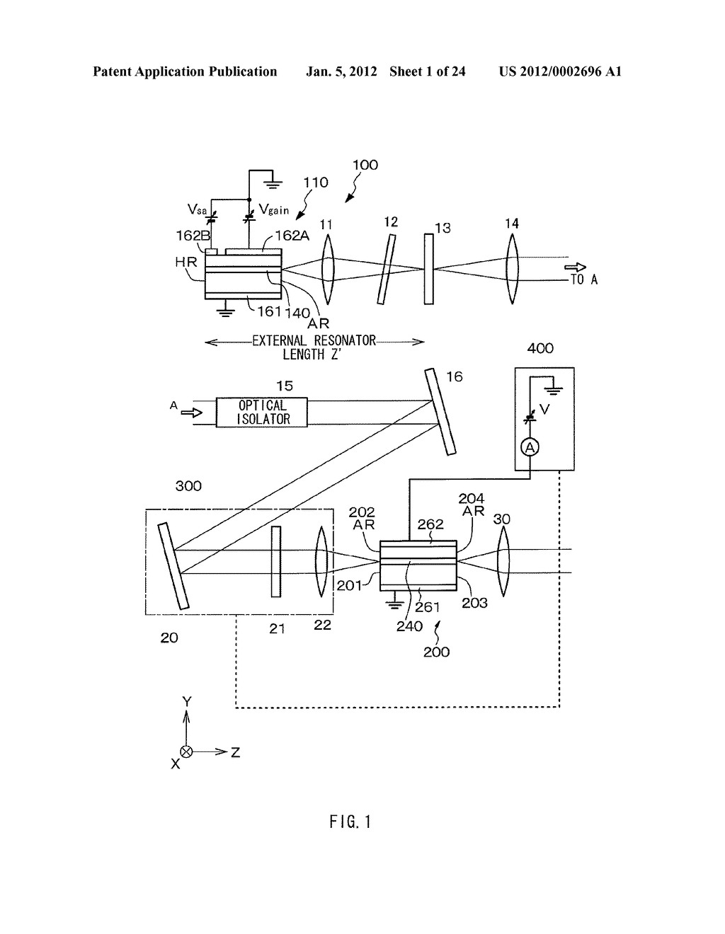 ALIGNMENT METHOD OF SEMICONDUCTOR OPTICAL AMPLIFIER AND LIGHT OUTPUT     DEVICE - diagram, schematic, and image 02
