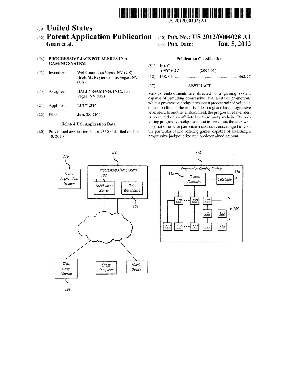 PROGRESSIVE JACKPOT ALERTS IN A GAMING SYSTEM - diagram, schematic, and image 01