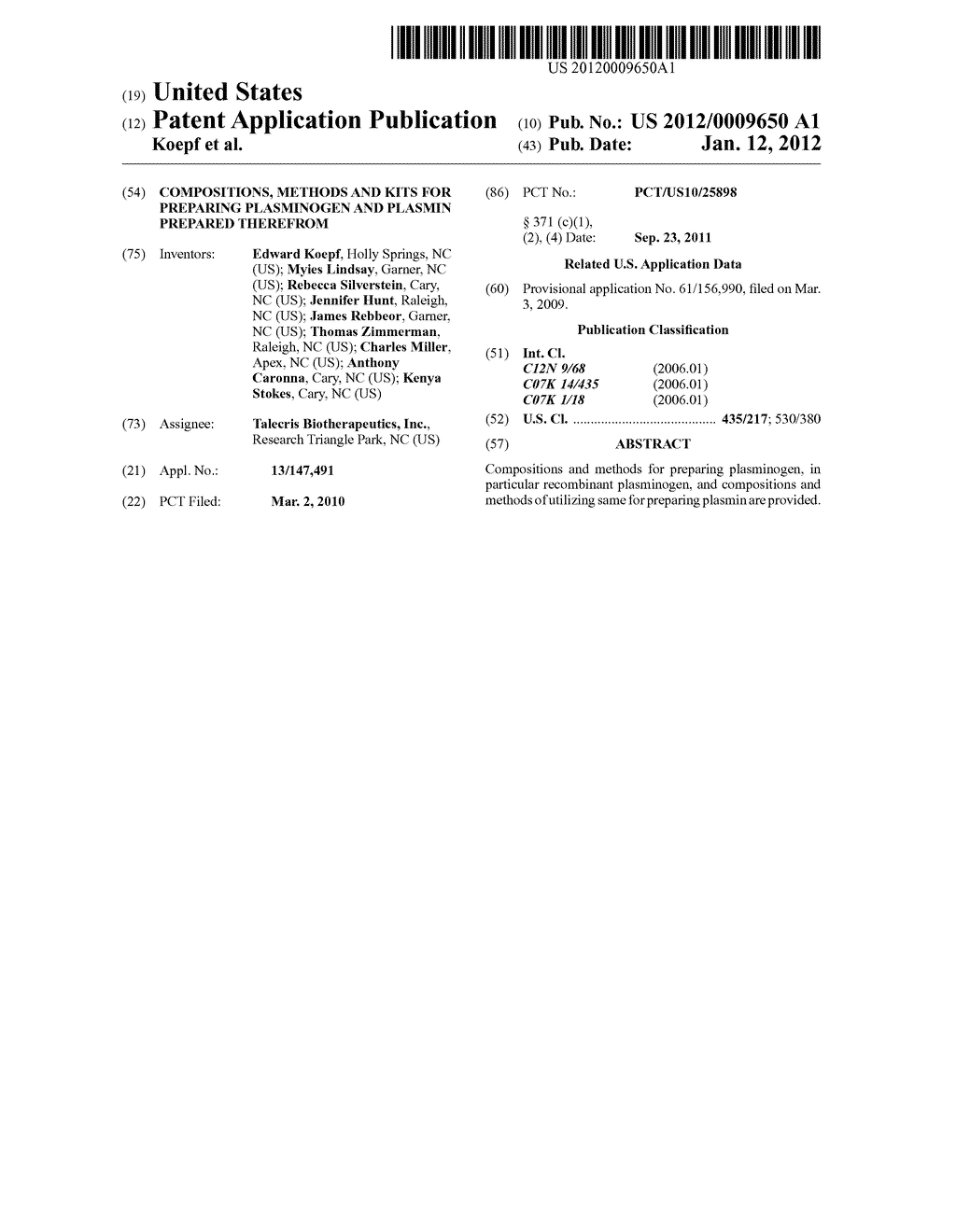 COMPOSITIONS, METHODS AND KITS FOR PREPARING PLASMINOGEN AND PLASMIN     PREPARED THEREFROM - diagram, schematic, and image 01