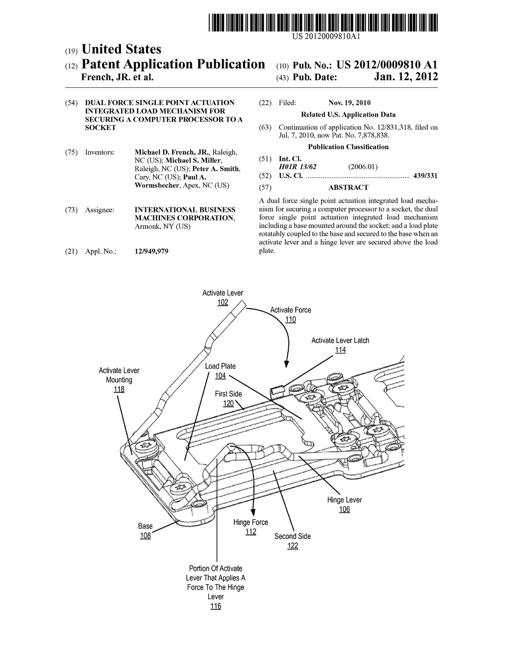 DUAL FORCE SINGLE POINT ACTUATION INTEGRATED LOAD MECHANISM FOR SECURING A     COMPUTER PROCESSOR TO A SOCKET - diagram, schematic, and image 01