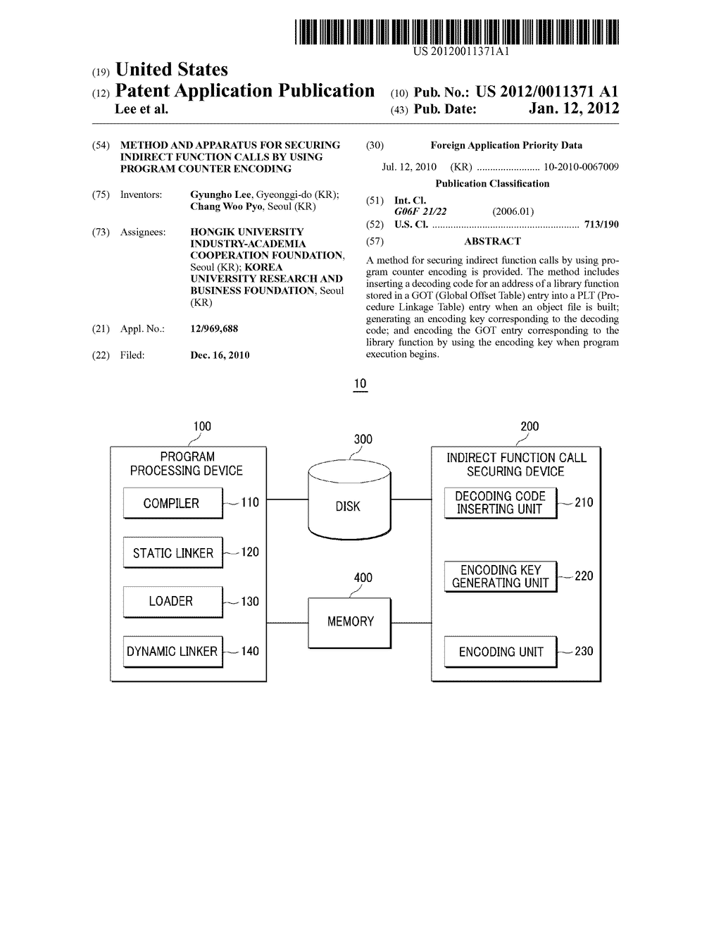 METHOD AND APPARATUS FOR SECURING INDIRECT FUNCTION CALLS BY USING PROGRAM     COUNTER ENCODING - diagram, schematic, and image 01