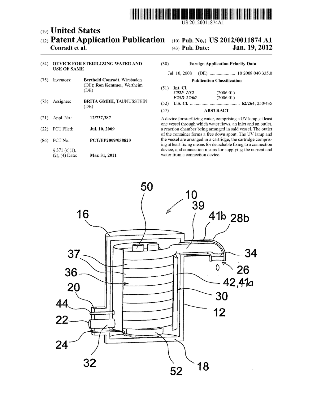 DEVICE FOR STERILIZING WATER AND USE OF SAME - diagram, schematic, and image 01
