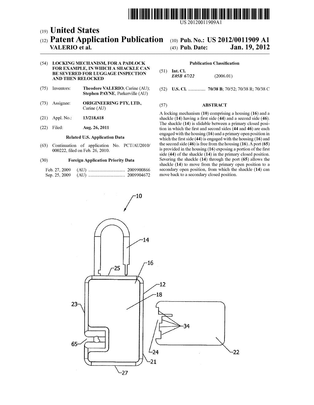 Locking Mechanism, for a Padlock for Example, in which a Shackle Can Be     Severed for Luggage Inspection and then Relocked - diagram, schematic, and image 01