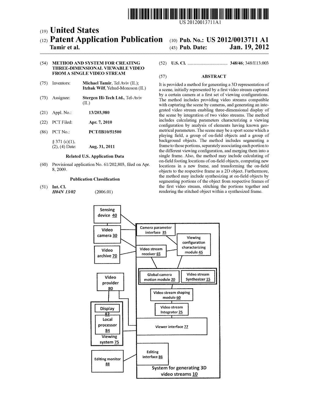 METHOD AND SYSTEM FOR CREATING THREE-DIMENSIONAL VIEWABLE VIDEO FROM A     SINGLE VIDEO STREAM - diagram, schematic, and image 01