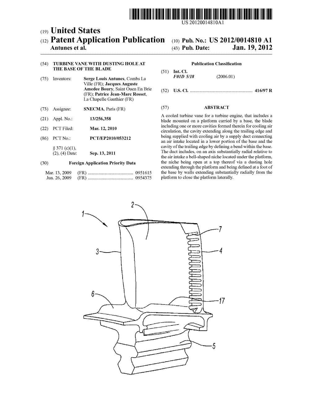 TURBINE VANE WITH DUSTING HOLE AT THE BASE OF THE BLADE - diagram, schematic, and image 01