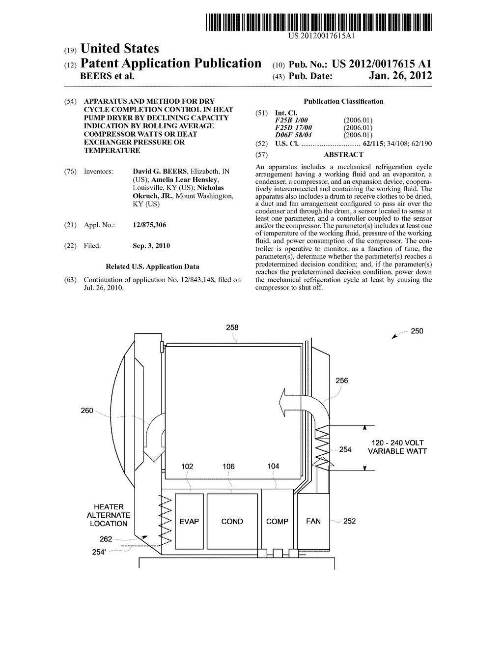 APPARATUS AND METHOD FOR DRY CYCLE COMPLETION CONTROL IN HEAT PUMP DRYER     BY DECLINING CAPACITY INDICATION BY ROLLING AVERAGE COMPRESSOR WATTS OR     HEAT EXCHANGER PRESSURE OR TEMPERATURE - diagram, schematic, and image 01