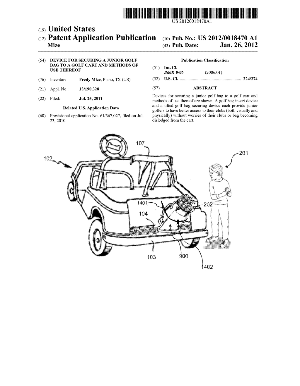 DEVICE FOR SECURING A JUNIOR GOLF BAG TO A GOLF CART AND METHODS OF USE     THEREOF - diagram, schematic, and image 01