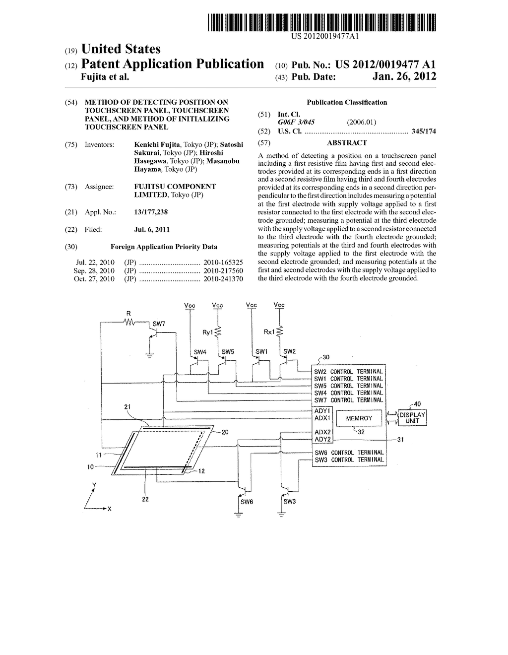 METHOD OF DETECTING POSITION ON TOUCHSCREEN PANEL, TOUCHSCREEN PANEL, AND     METHOD OF INITIALIZING TOUCHSCREEN PANEL - diagram, schematic, and image 01