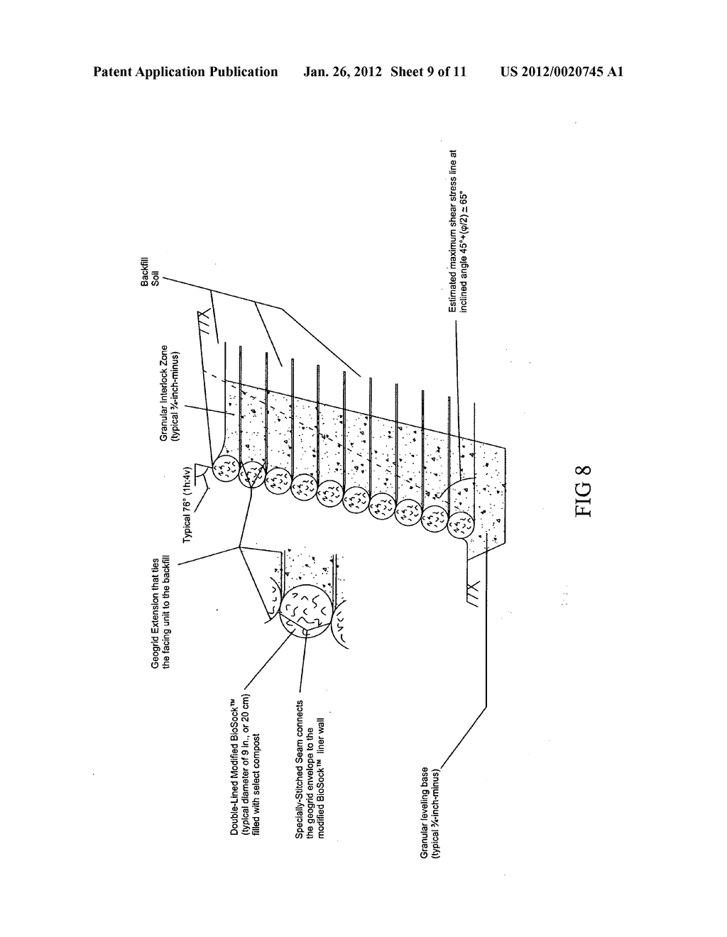 TUBULAR SOCK MODULE WITH INTEGRATED GEOGRID EXTENSIONS FOR CONSTRUCTING     STABILIZED-EARTH WALLS AND SLOPES - diagram, schematic, and image 10