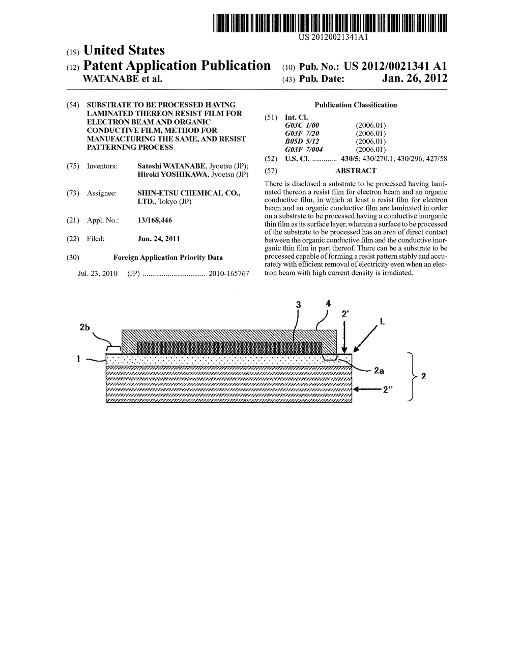 SUBSTRATE TO BE PROCESSED HAVING LAMINATED THEREON RESIST FILM FOR     ELECTRON BEAM AND ORGANIC CONDUCTIVE FILM, METHOD FOR MANUFACTURING THE     SAME, AND RESIST PATTERNING PROCESS - diagram, schematic, and image 01