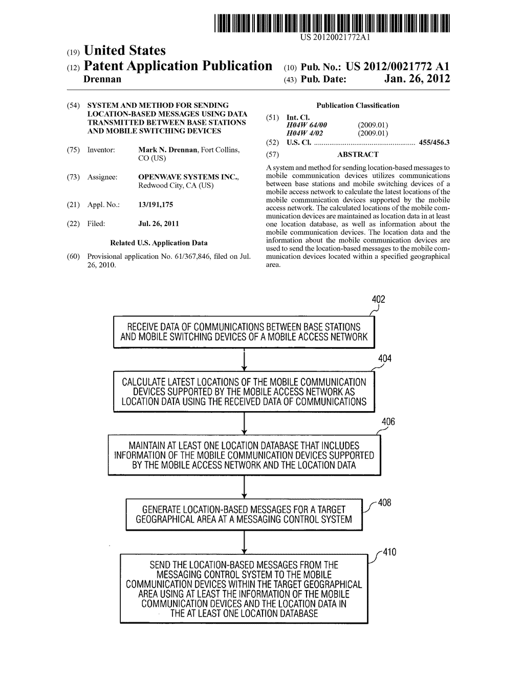 SYSTEM AND METHOD FOR SENDING LOCATION-BASED MESSAGES USING DATA     TRANSMITTED BETWEEN BASE STATIONS AND MOBILE SWITCHING DEVICES - diagram, schematic, and image 01