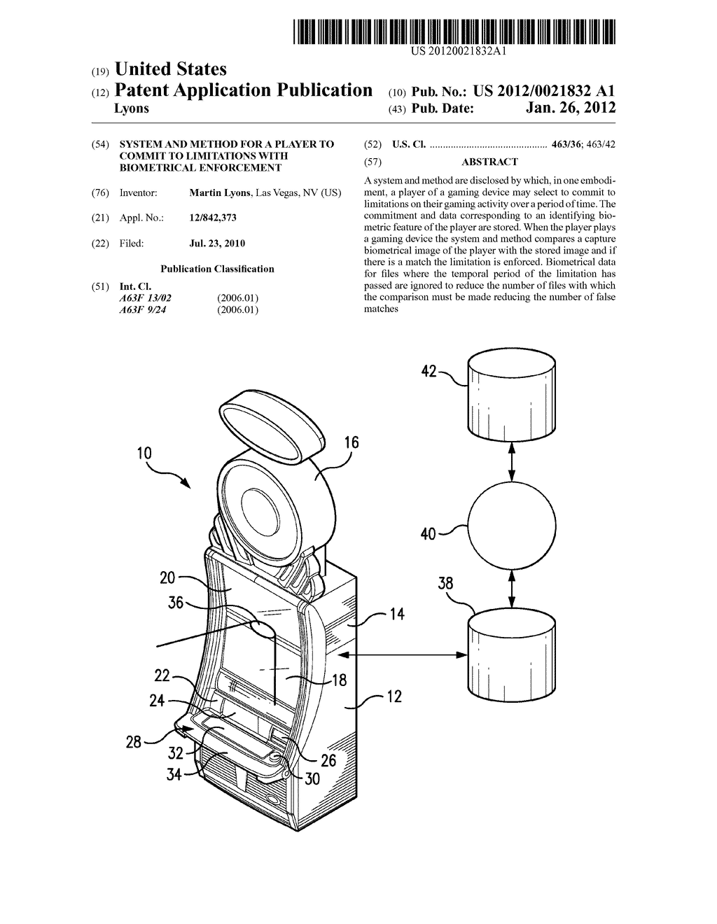 System and Method for a Player to Commit to Limitations With Biometrical     Enforcement - diagram, schematic, and image 01