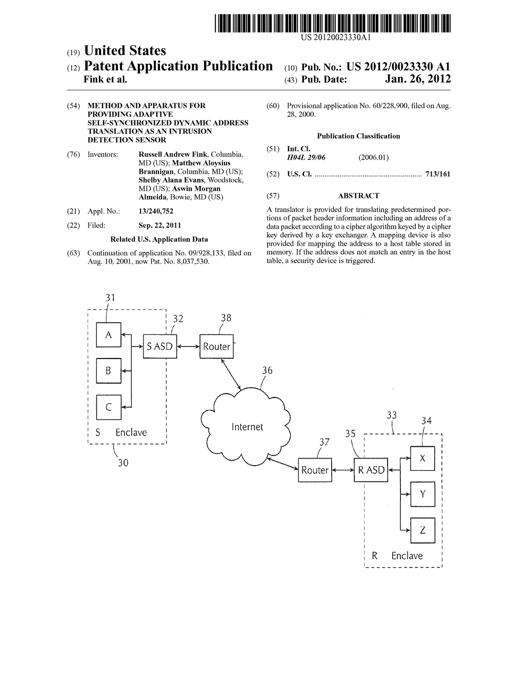 METHOD AND APPARATUS FOR PROVIDING ADAPTIVE SELF-SYNCHRONIZED DYNAMIC     ADDRESS TRANSLATION AS AN INTRUSION DETECTION SENSOR - diagram, schematic, and image 01