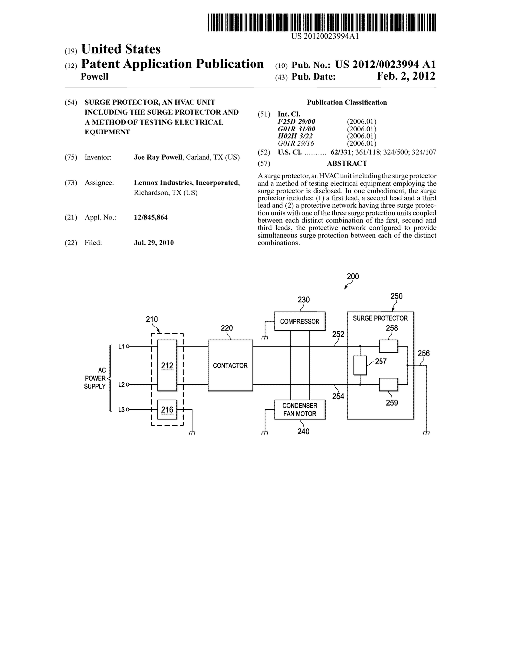 SURGE PROTECTOR, AN HVAC UNIT INCLUDING THE SURGE PROTECTOR AND A METHOD     OF TESTING ELECTRICAL EQUIPMENT - diagram, schematic, and image 01