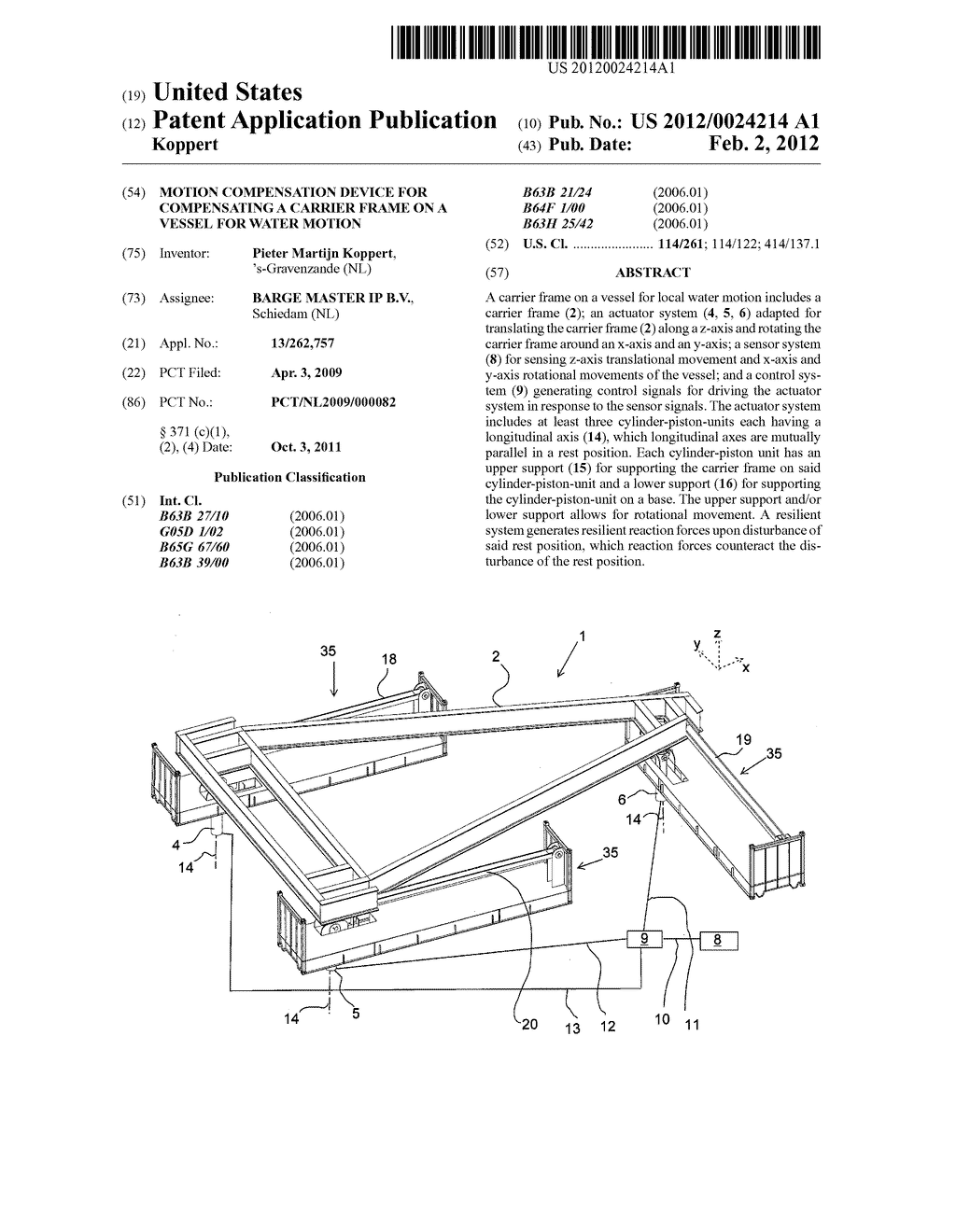 MOTION COMPENSATION DEVICE FOR COMPENSATING A CARRIER FRAME ON A VESSEL     FOR WATER MOTION - diagram, schematic, and image 01