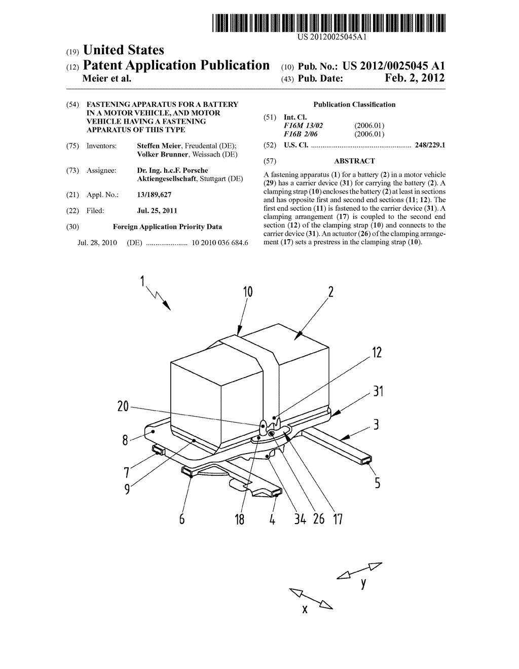 FASTENING APPARATUS FOR A BATTERY IN A MOTOR VEHICLE, AND MOTOR VEHICLE     HAVING A FASTENING APPARATUS OF THIS TYPE - diagram, schematic, and image 01