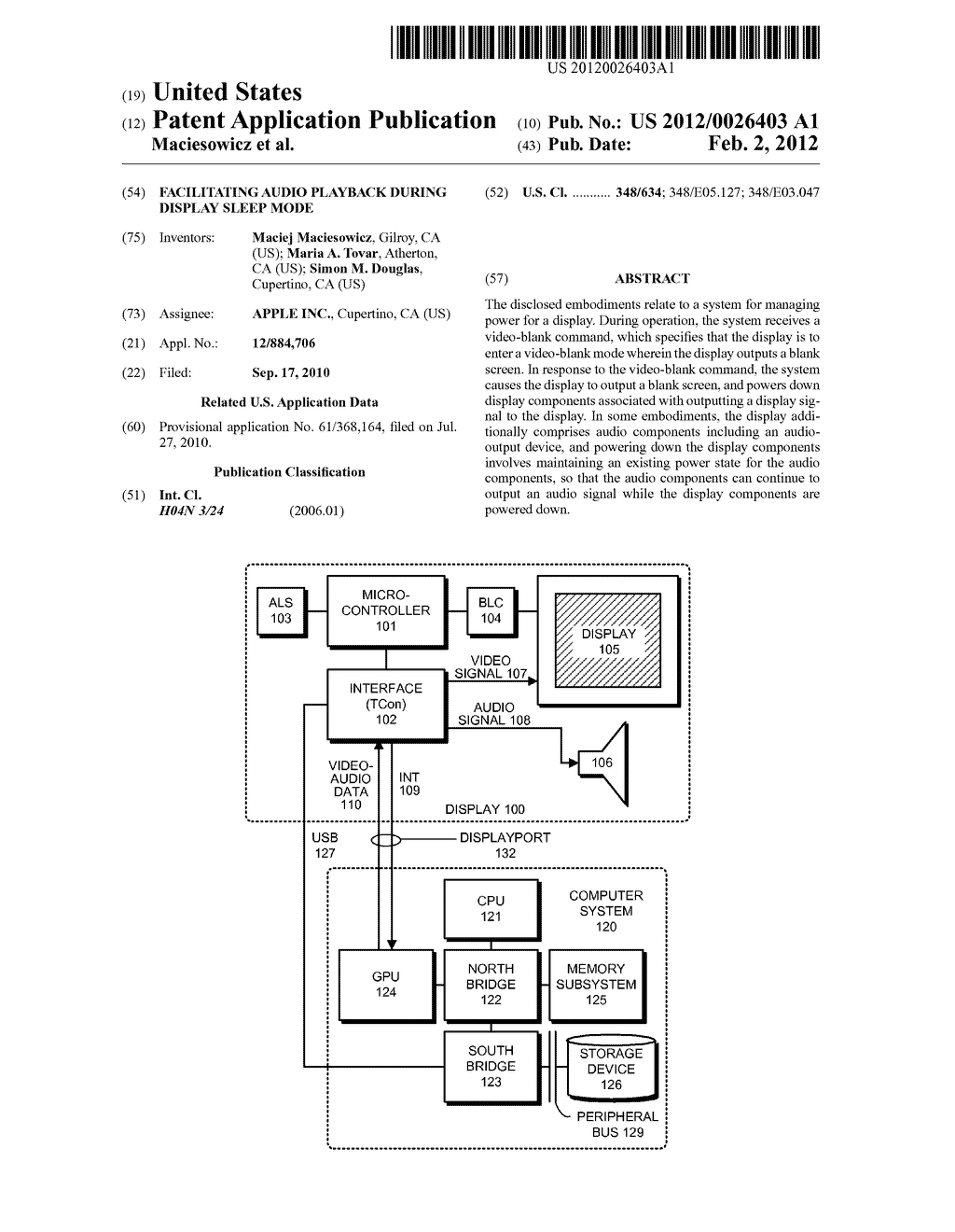 FACILITATING AUDIO PLAYBACK DURING DISPLAY SLEEP MODE - diagram, schematic, and image 01