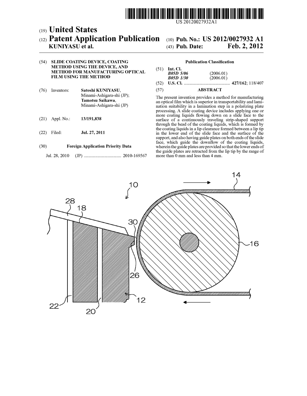 SLIDE COATING DEVICE, COATING METHOD USING THE DEVICE, AND METHOD FOR     MANUFACTURING OPTICAL FILM USING THE METHOD - diagram, schematic, and image 01