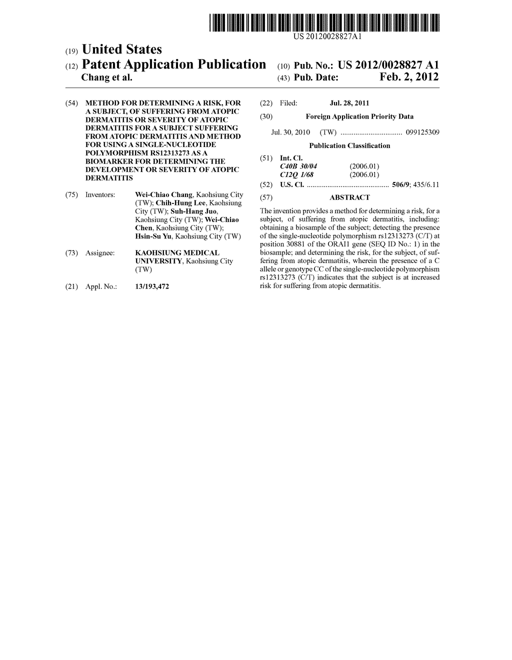 METHOD FOR DETERMINING A RISK, FOR A SUBJECT, OF SUFFERING FROM ATOPIC     DERMATITIS OR SEVERITY OF ATOPIC DERMATITIS FOR A SUBJECT SUFFERING FROM     ATOPIC DERMATITIS AND METHOD FOR USING A SINGLE-NUCLEOTIDE POLYMORPHISM     RS12313273 AS A BIOMARKER FOR DETERMINING THE DEVELOPMENT OR SEVERITY OF     ATOPIC DERMATITIS - diagram, schematic, and image 01