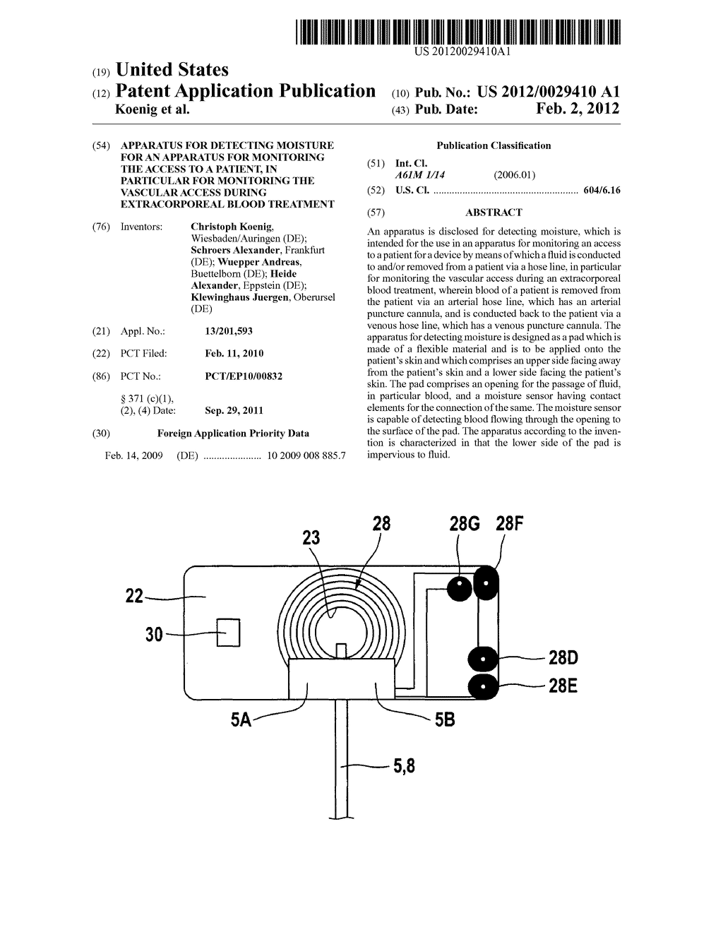 Apparatus for detecting moisture for an apparatus for monitoring the     access to a patient, in particular for monitoring the vascular access     during extracorporeal blood treatment - diagram, schematic, and image 01