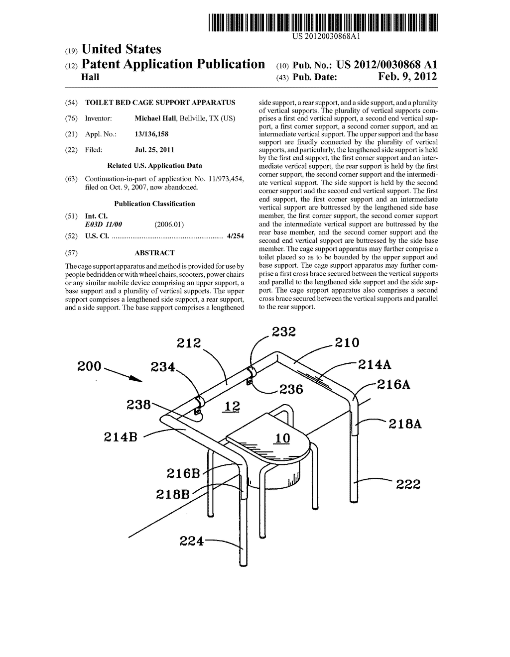 Toilet bed cage support apparatus - diagram, schematic, and image 01