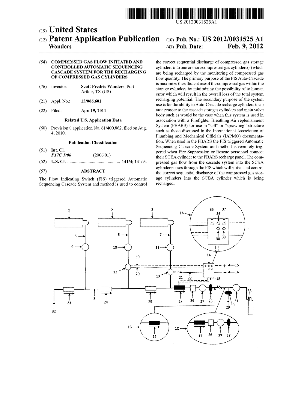 Compressed gas flow initiated and controlled automatic sequencing cascade     system for the recharging of compressed gas cylinders - diagram, schematic, and image 01