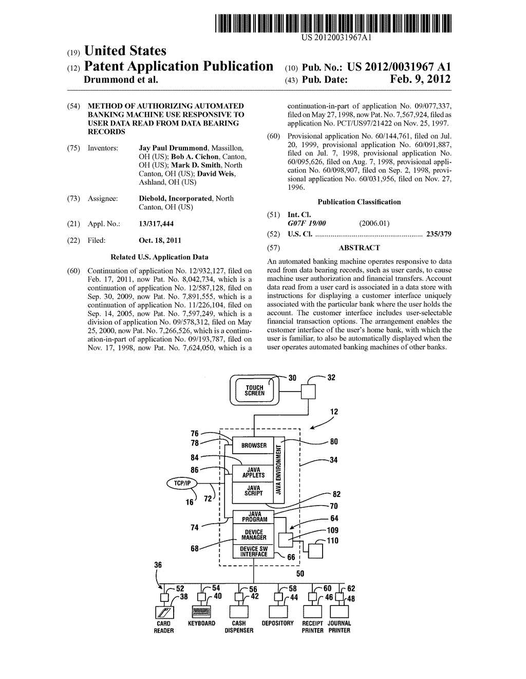 Method of authorizing automated banking machine use responsive to user     data read from data bearing records - diagram, schematic, and image 01