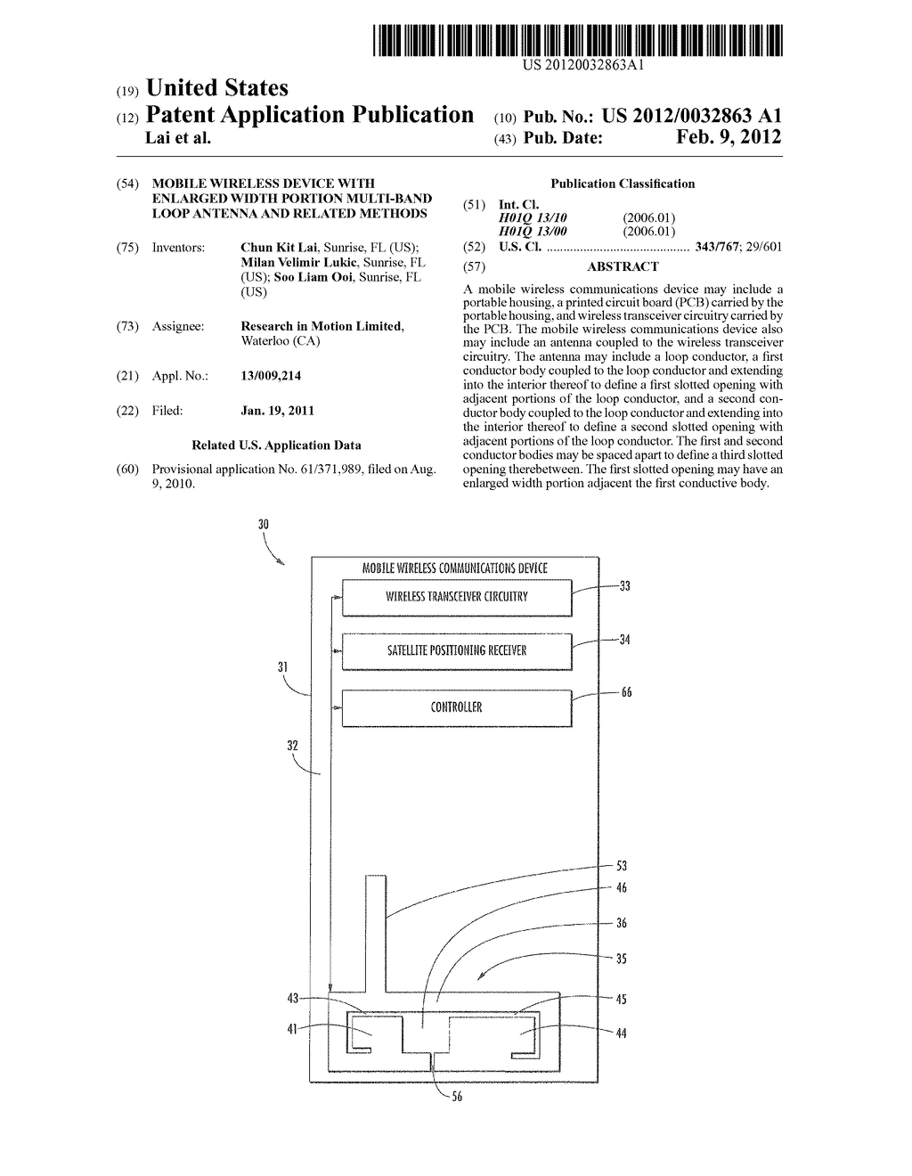 MOBILE WIRELESS DEVICE WITH ENLARGED WIDTH PORTION MULTI-BAND LOOP ANTENNA     AND RELATED METHODS - diagram, schematic, and image 01