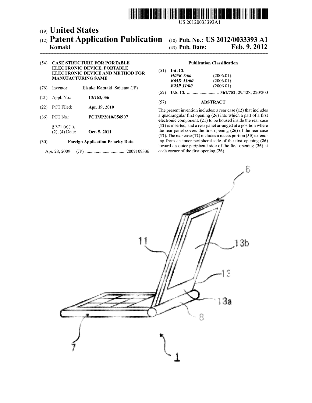 CASE STRUCTURE FOR PORTABLE ELECTRONIC DEVICE, PORTABLE ELECTRONIC DEVICE     AND METHOD FOR MANUFACTURING SAME - diagram, schematic, and image 01