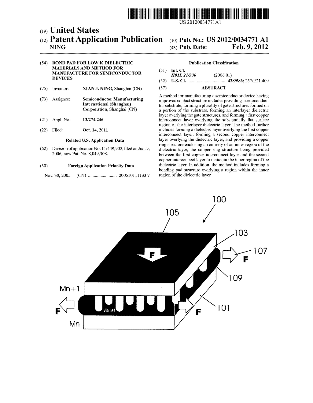 BOND PAD FOR LOW K DIELECTRIC MATERIALS AND METHOD FOR MANUFACTURE FOR     SEMICONDUCTOR DEVICES - diagram, schematic, and image 01